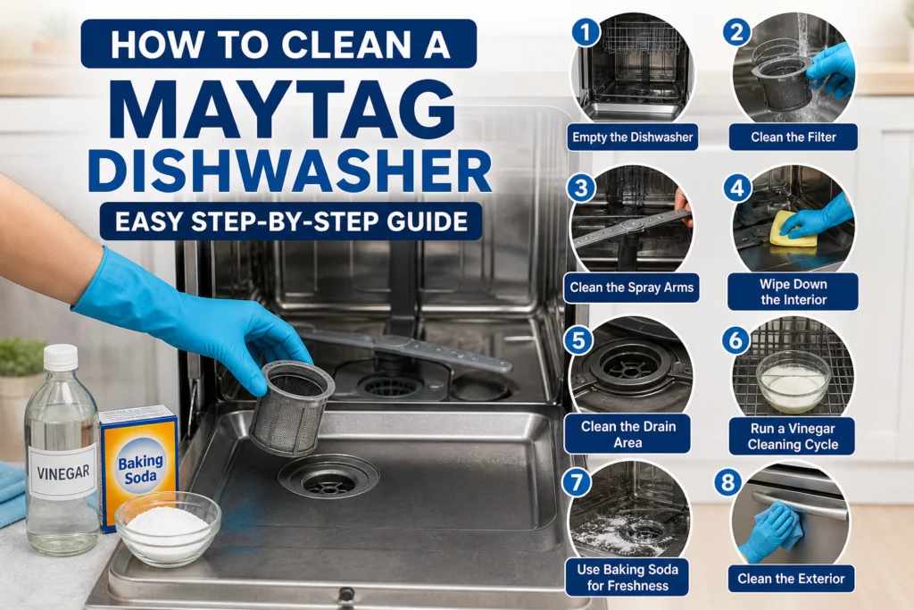 How to clean a Maytag dishwasher step by step with filter, spray arms, vinegar, and baking soda cleaning guide.