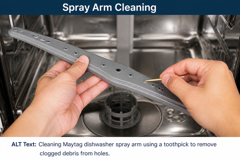 cleaning Maytag dishwasher spray arm using a toothpick to remove clogged holes