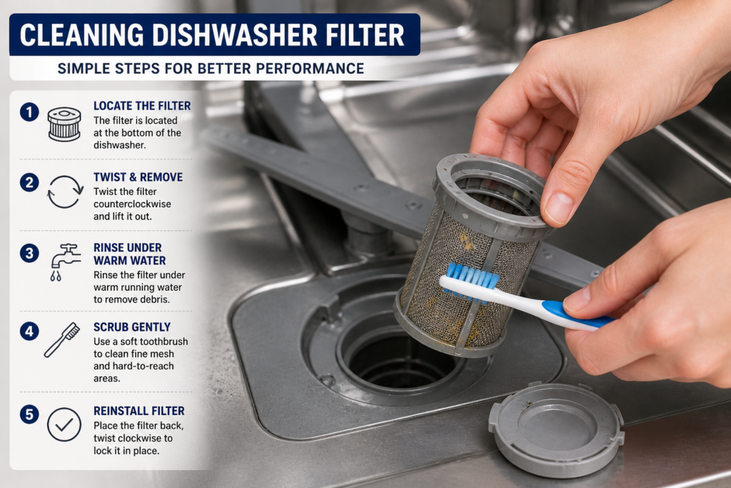 how to clean a Maytag dishwasher filter